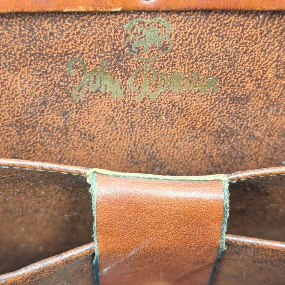 John Romain Vintage Leather Canvas Satchel Bag Je Taime Clasp Studded Brown Tan - Picture 9 of 10